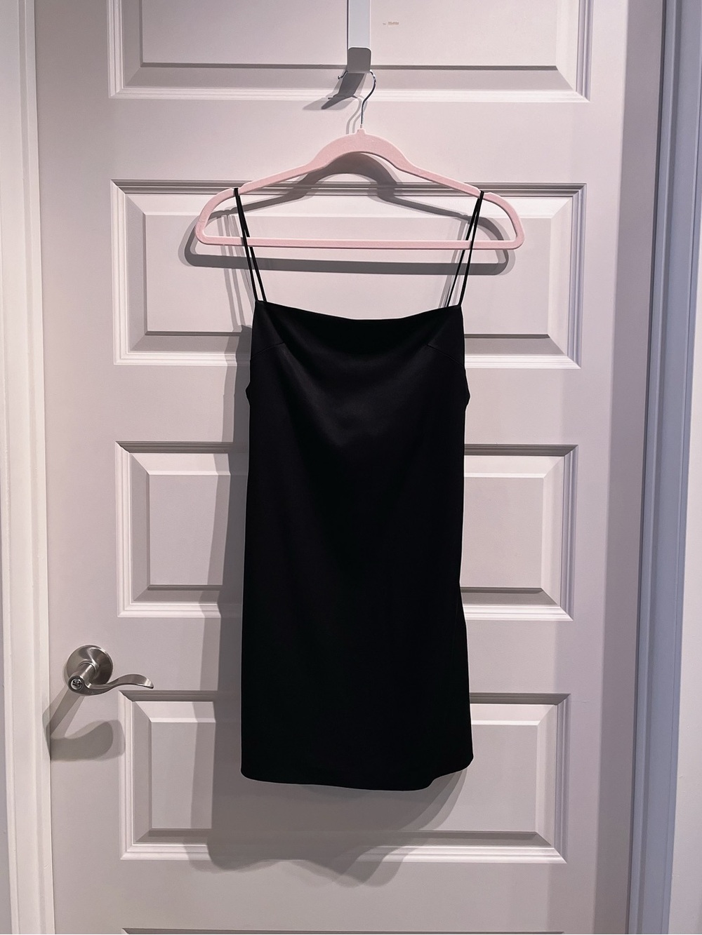 Paris Georgia Luxury Designer Black Satin Mini Dress with Spaghetti Straps